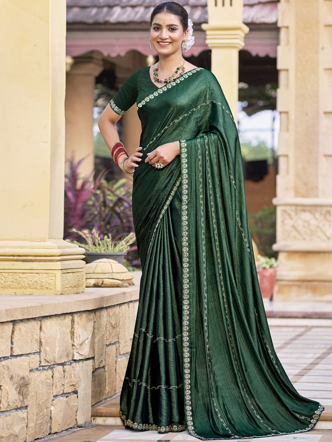 

Stylee LIFESTYLE Beads and Stones Saree with Blouse Piece, Green