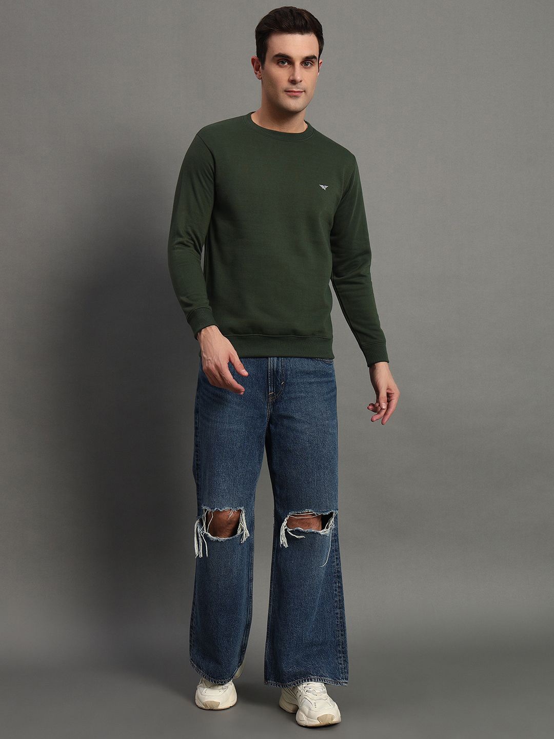 

RISS Men Round Neck Long Sleeves Pullover Sweatshirt, Olive