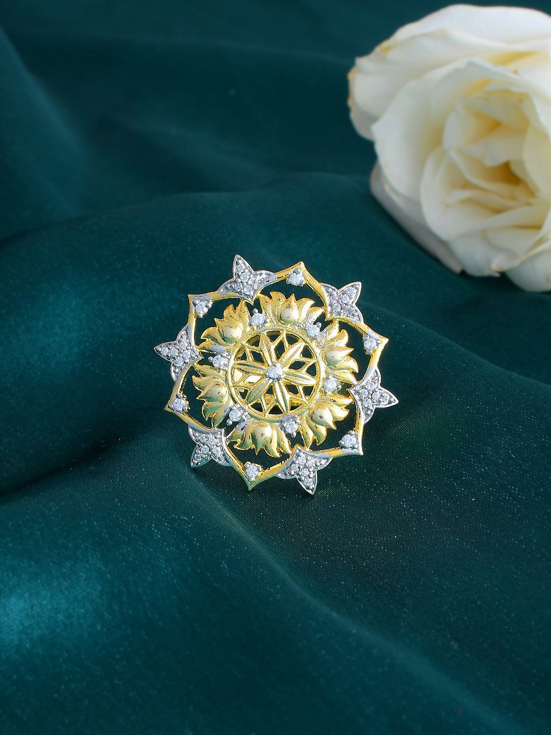

Voylla Alpana Lotus Gold Plated Cubic Zirconia Stone Studded Finger Ring