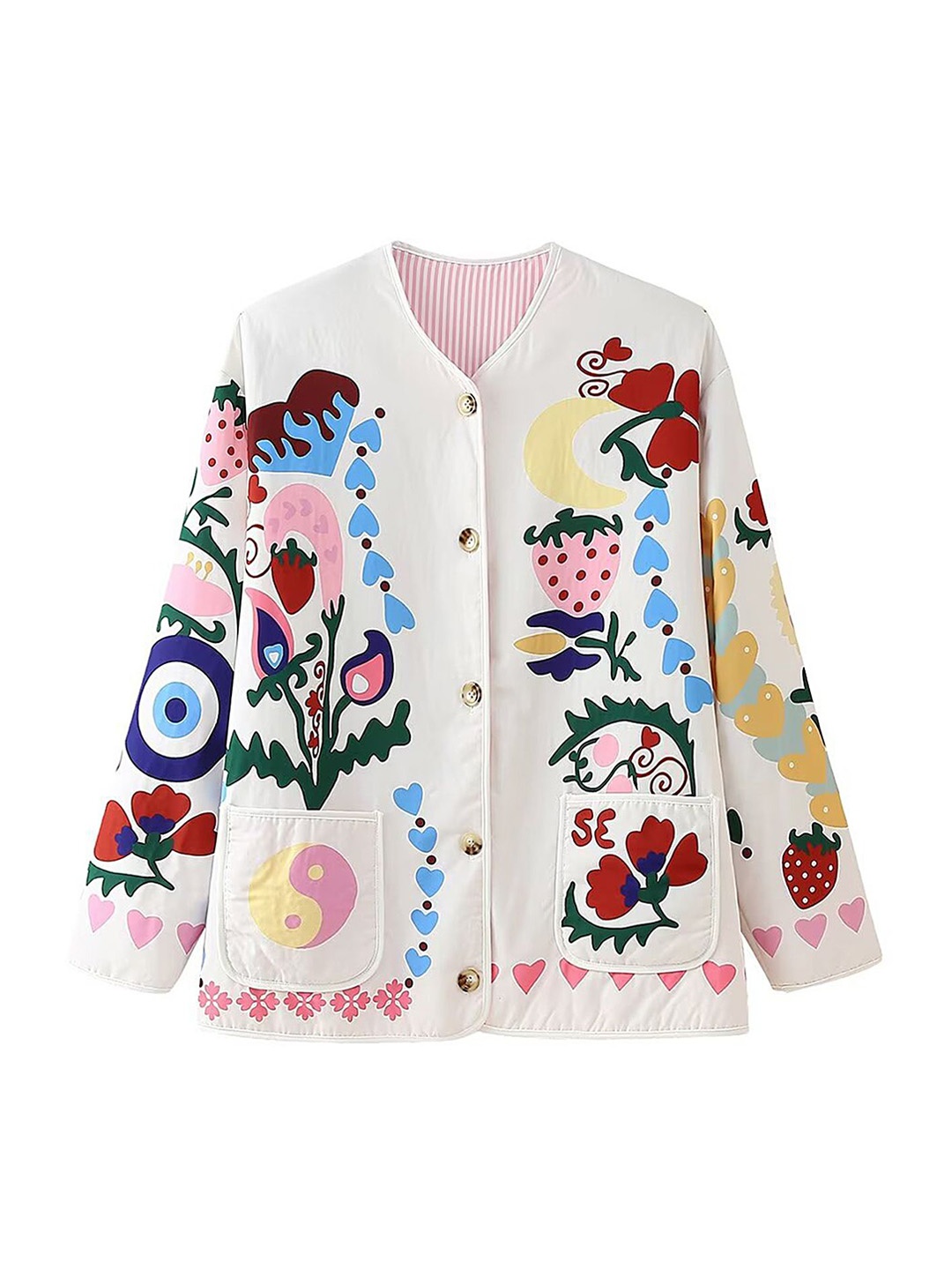 

LULU & SKY Women Collarless Floral Printed Casual Bomber Jacket, White