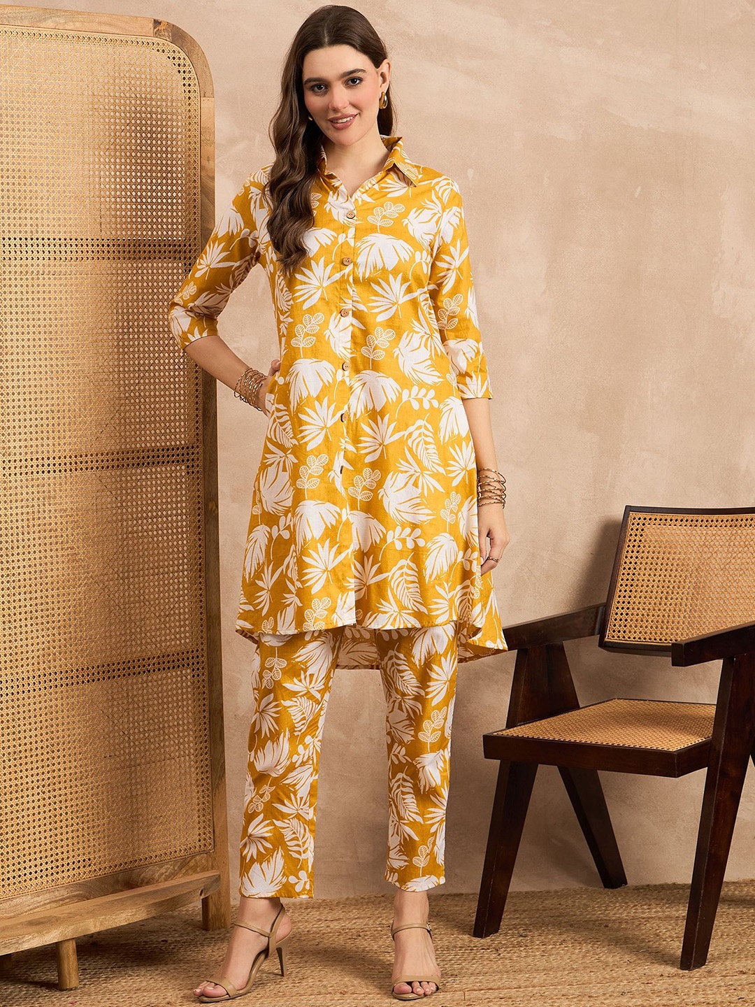 

ANEKYA Floral Printed Pure Cotton Tunic & Trouser, Mustard