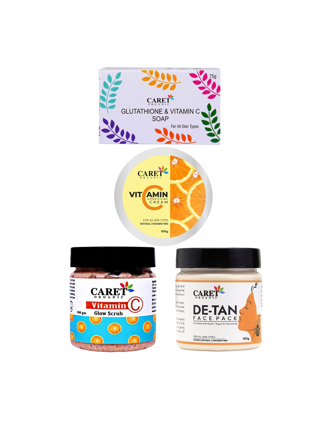 

CARET ORGANIC Set of 4 Soap, De-Tan Face Pack ,Vitamin C Glow Scrub & Nourishing Cream, White