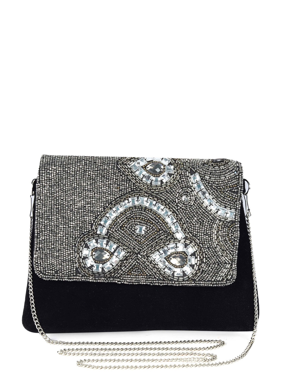 

REZZY Embroidered Canvas Foldover Clutch, Silver