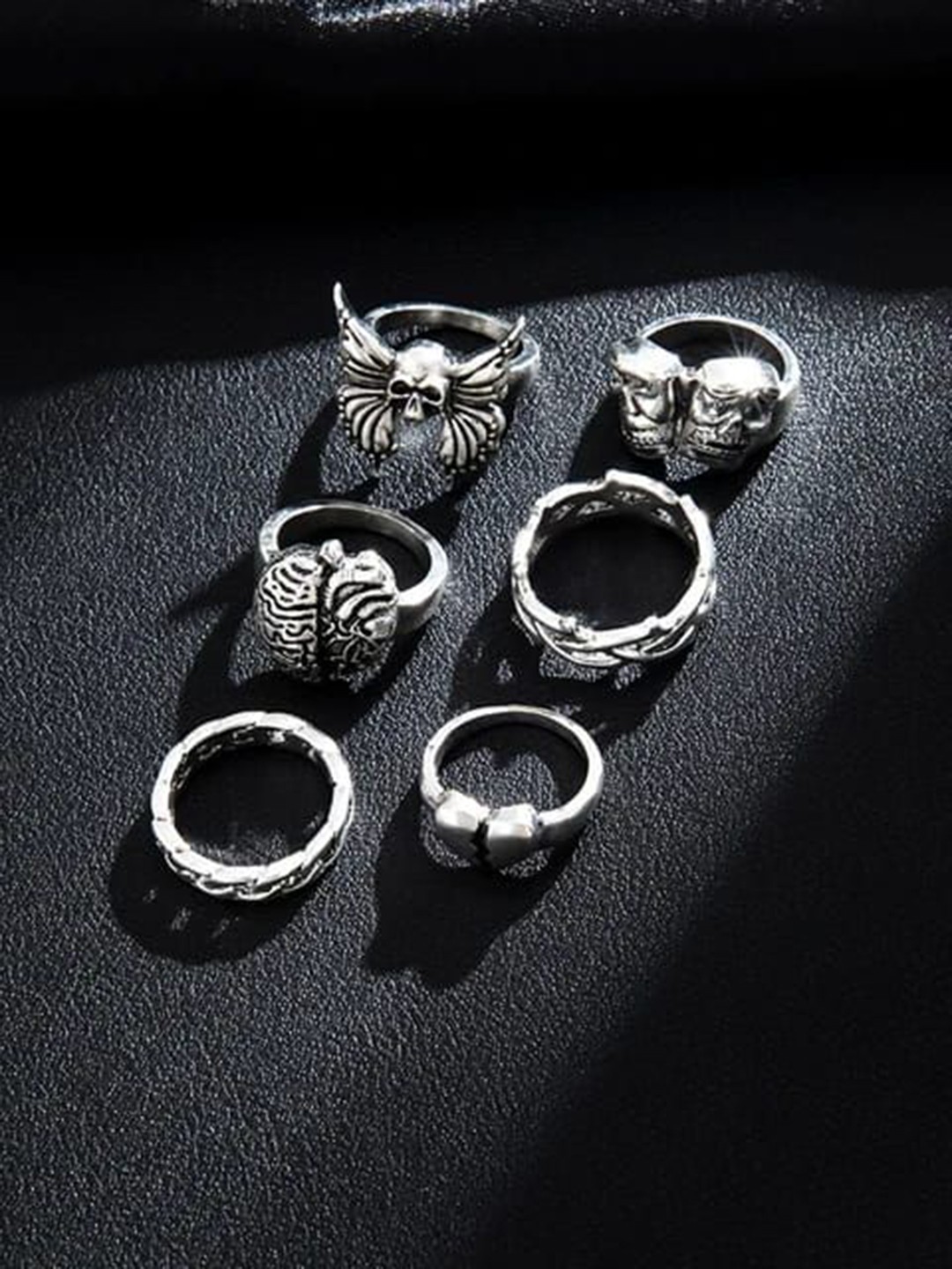 

YU FASHIONS Set Of 6 Gold-Plated Stainless Steel Heart Broken Skull Dragon Butterfly Rings, Silver