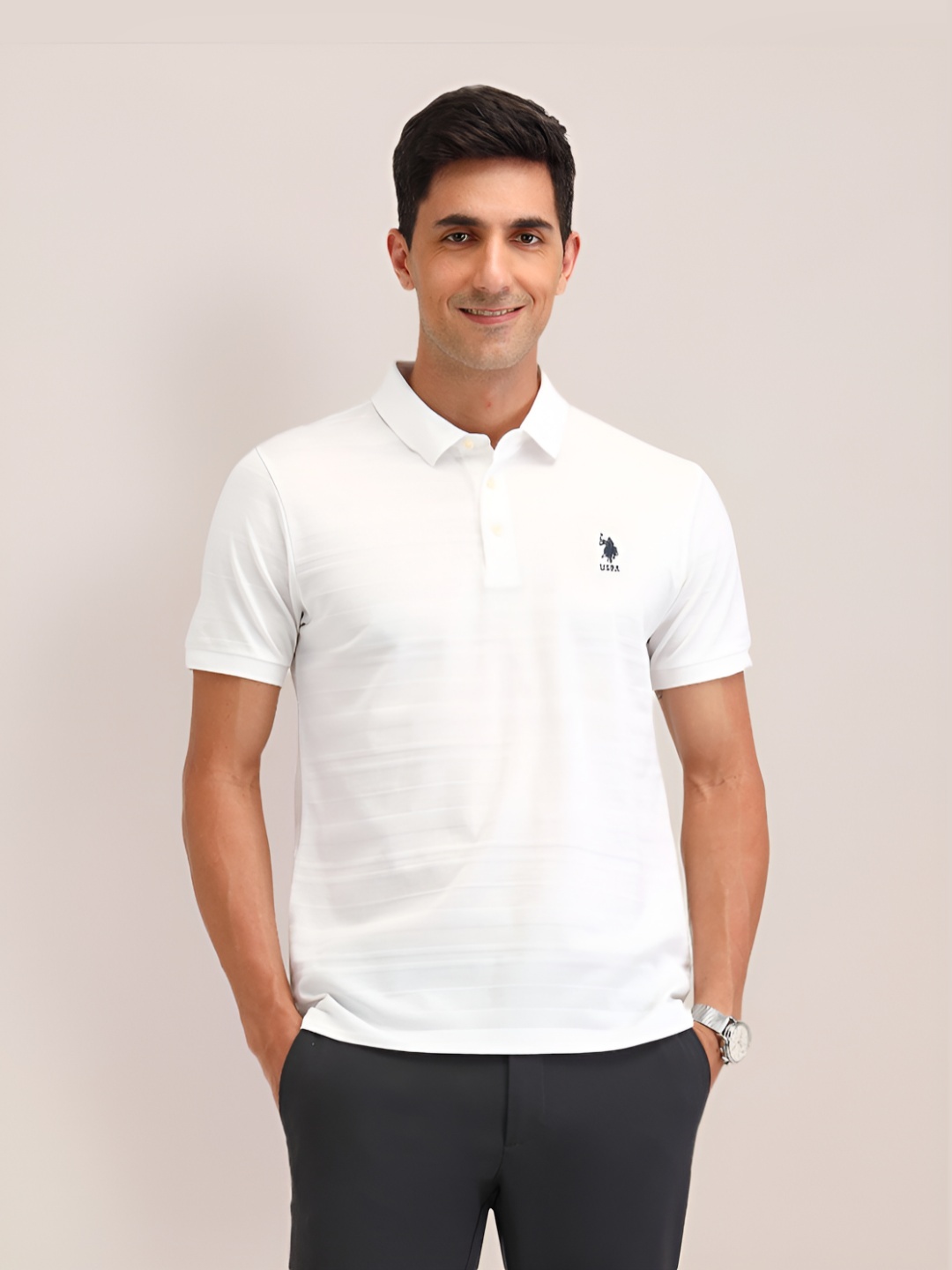 

U.S. Polo Assn. Men Solid Polo Collar Cotton Slim Fit T-shirt, White