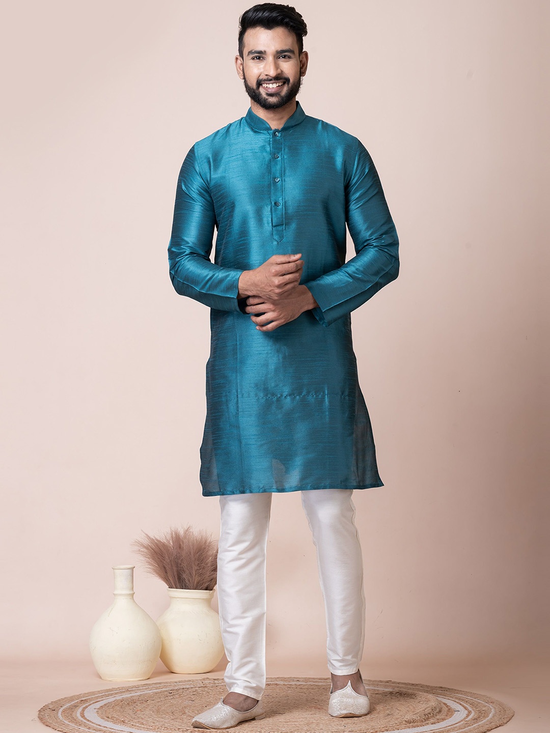 

HERE&NOW Teal Mandarin Collar Long Sleeves Regular Straight Kurta