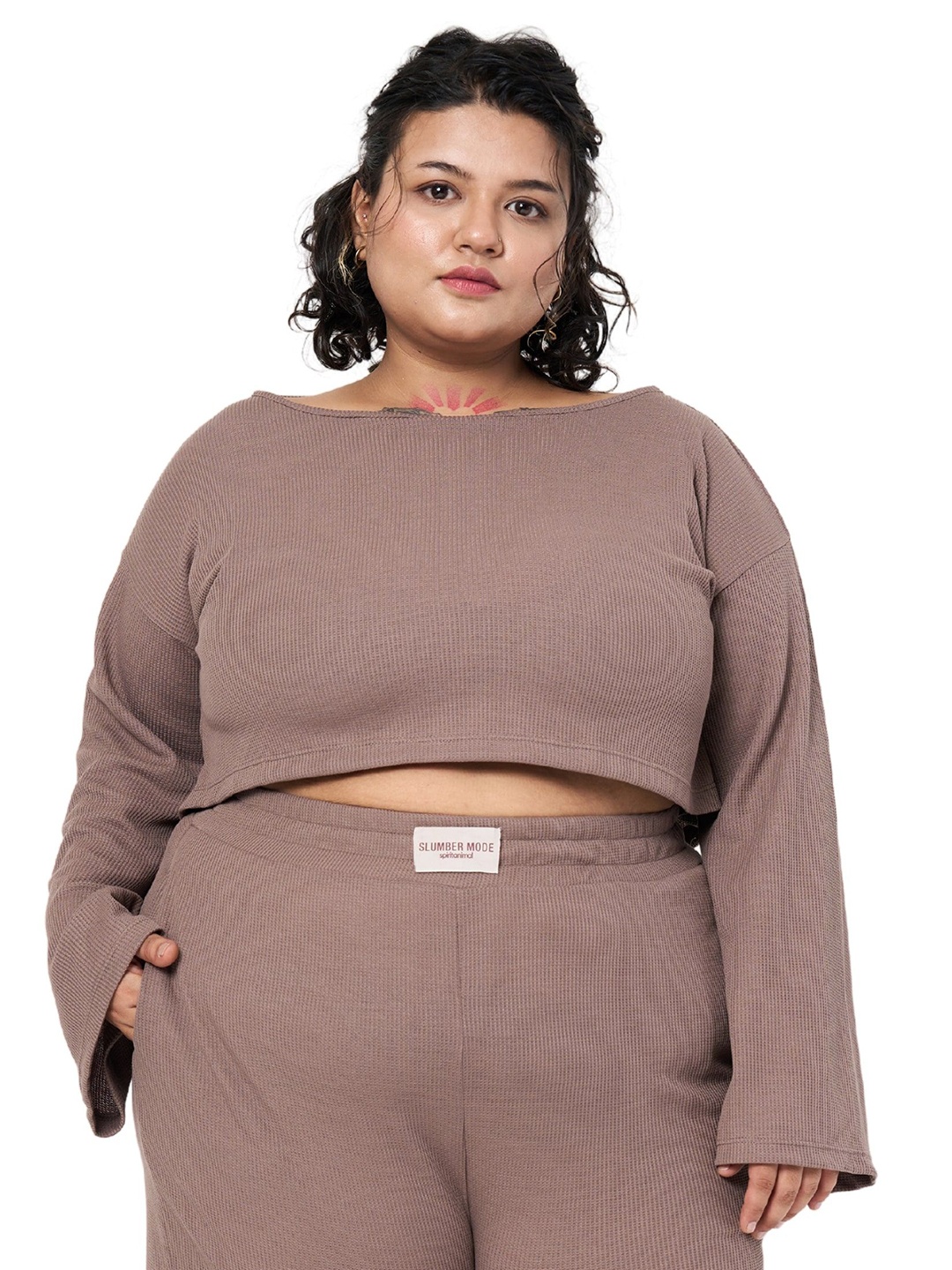 

SPIRIT ANIMAL Women Plus Size Solid Round Neck Crop T-shirt, Brown