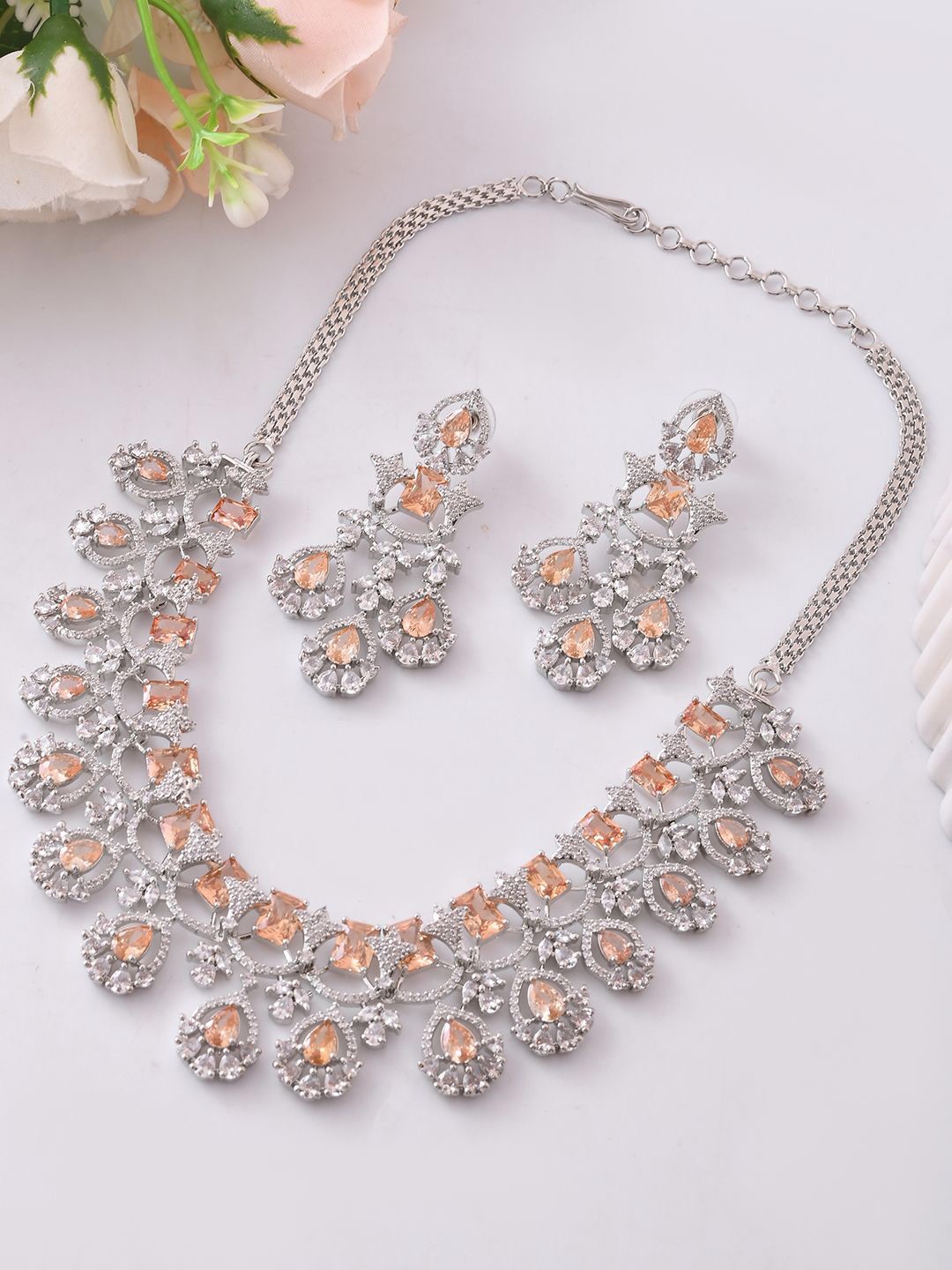 

Voylla Rhodium-Plated Dazzling American Diamond Stone Studded Jewellery Set, Silver