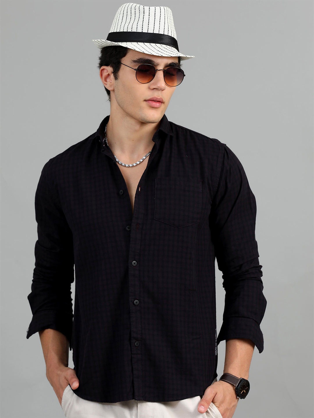 

HOUSE OF MAHNOTS Men Classic Spread Collar Checked Cotton Casual Shirt, Black