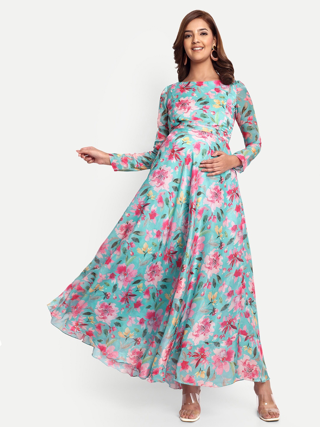 

THOTTIL Women Floral Printed Cotton Maternity A-Line Maxi Dress, Sea green