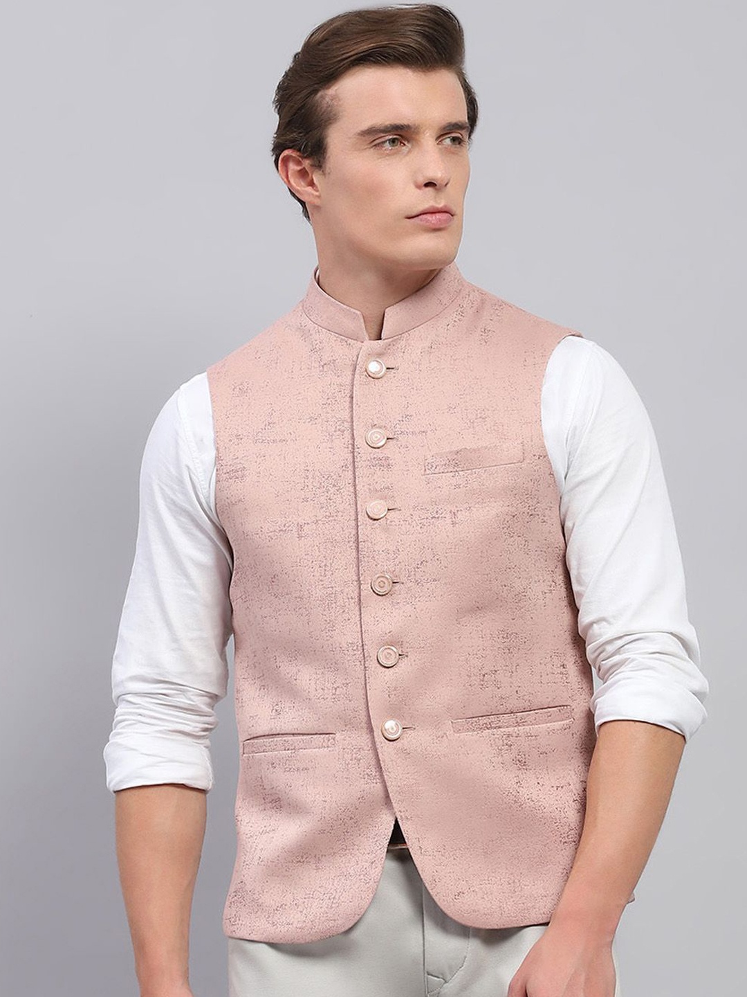 

Monte Carlo Men Printed Nehru Jacket, Peach