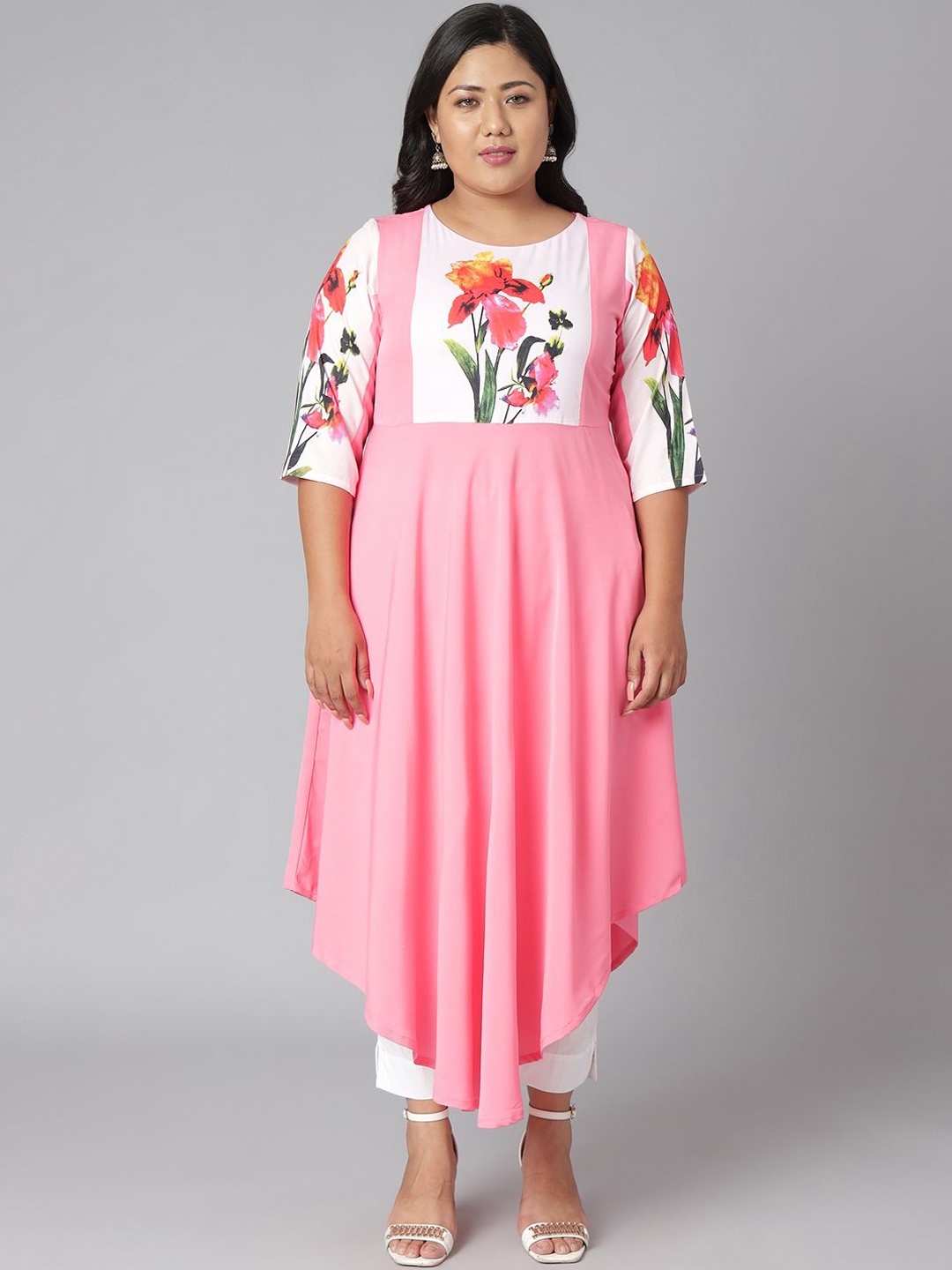 

KALINI Plus Size Floral Printed Crepe Kaftan Kurta, Pink