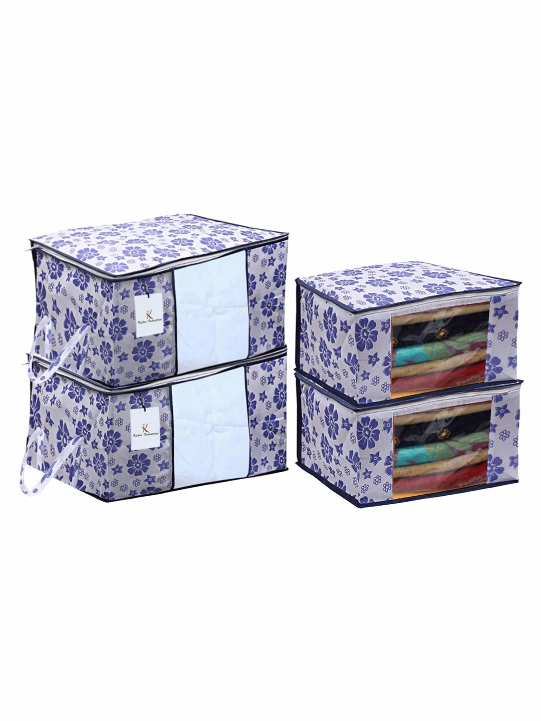 

Kuber Industries Blue & White 4 Pieces Saree Cover & Underbed Storage Bag Organisers