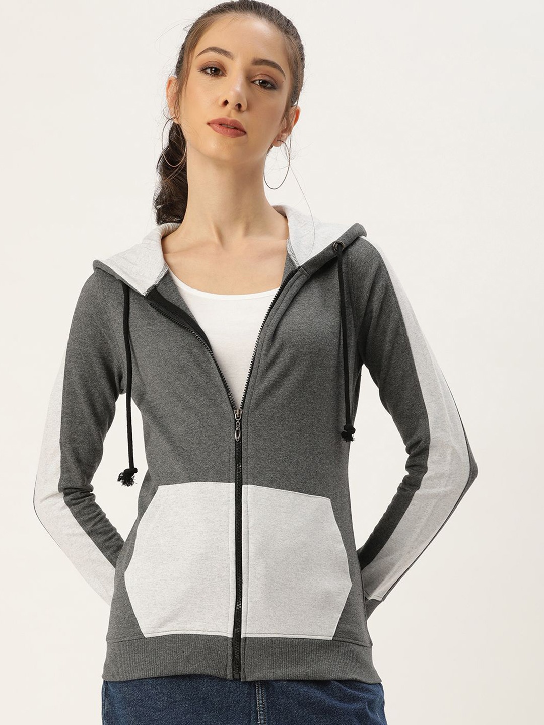 

ARISE Women Colourblocked Hooded Front-Open Sweatshirt, Grey melange