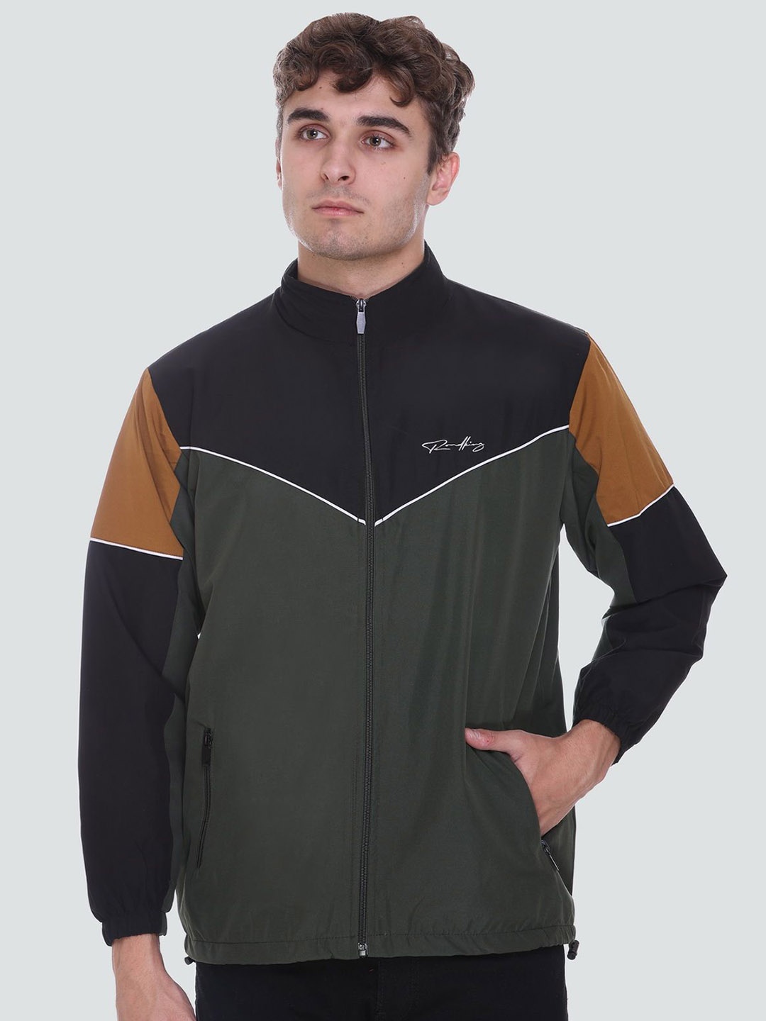 

Roadking Men Colourblocked Windcheater Longline Sporty Jacket, Olive