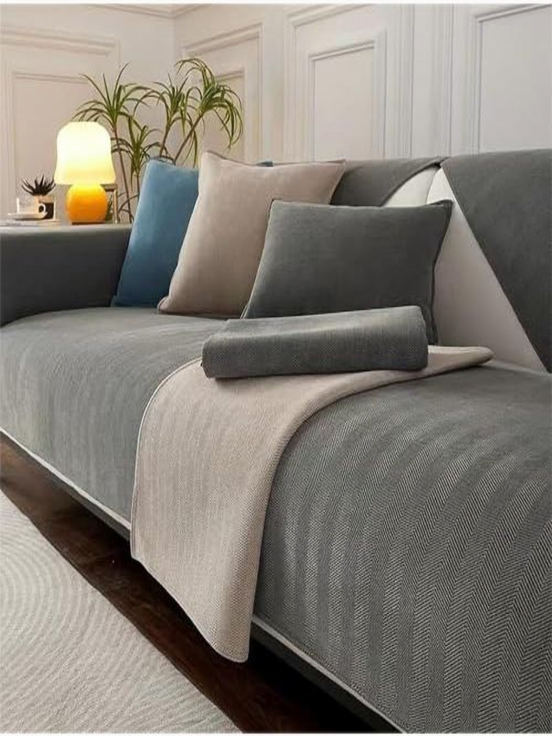 

HOUSE OF QUIRK Triple Seater Herringbone Chenille Fabric Anti-Slip Stretch Sofa Slipcover, Grey