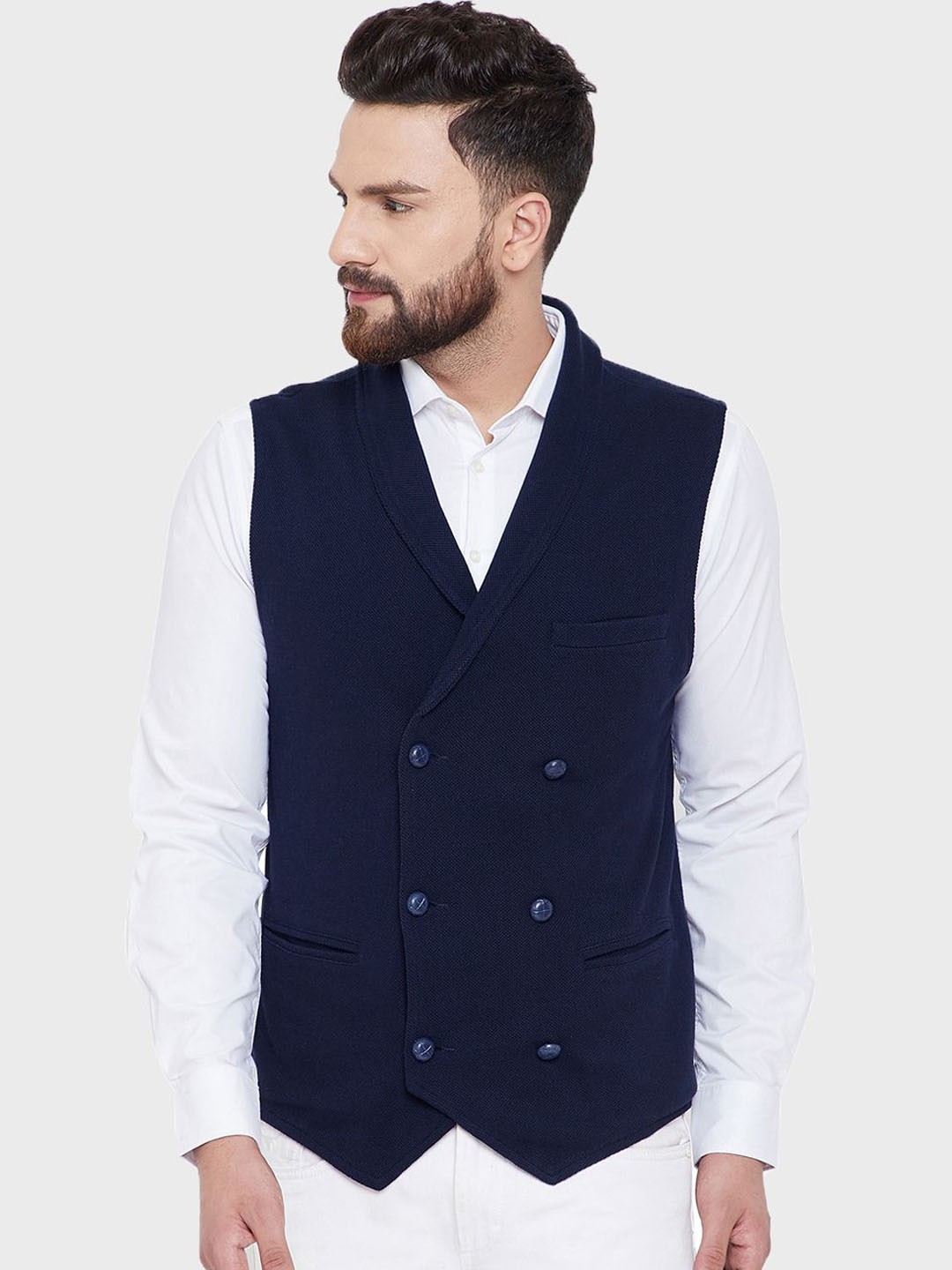 

Hypernation Lapel Collar Pure Cotton Double-Breasted Waistcoat, Navy blue