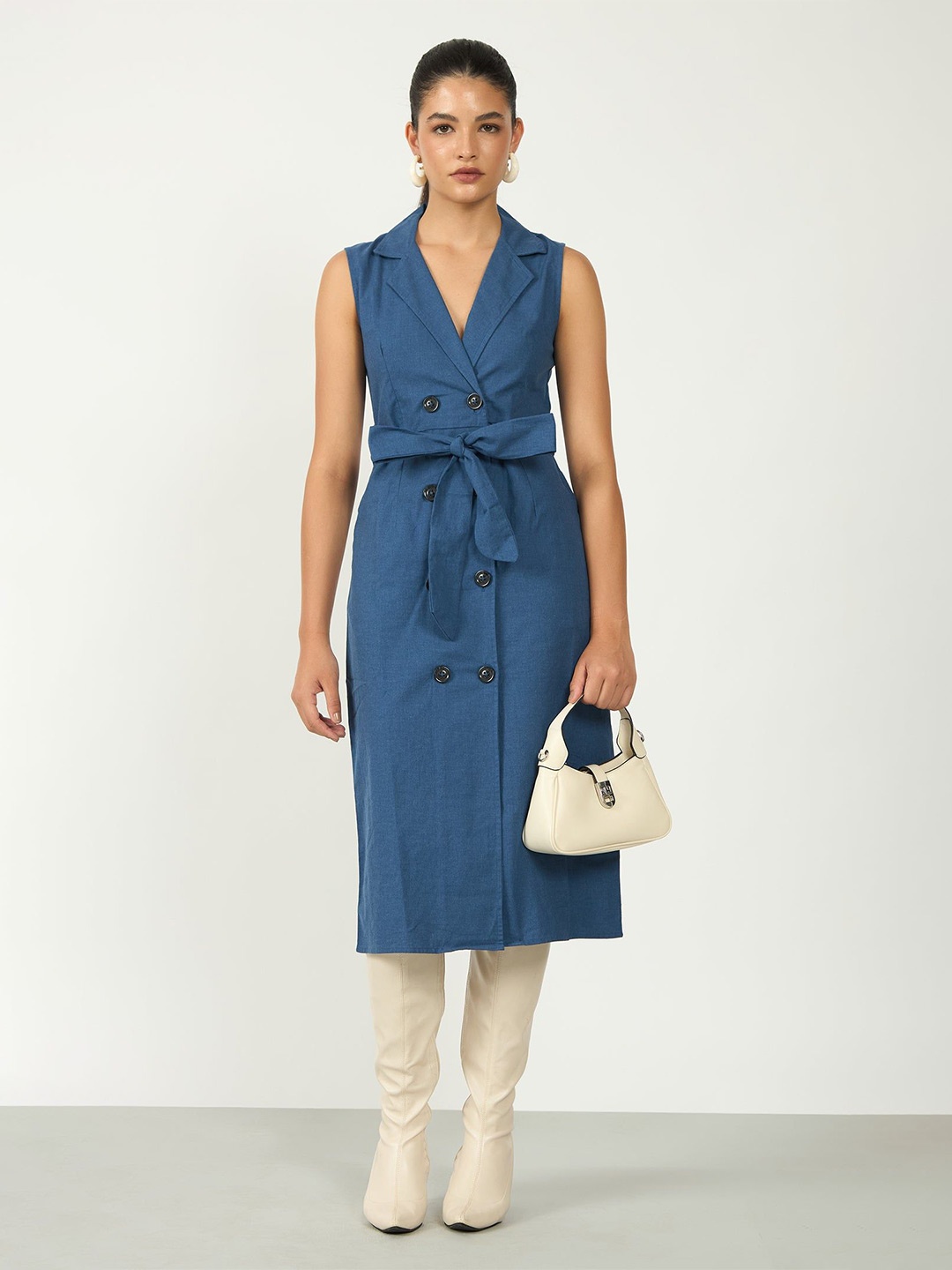 

Virgio Women Poly Fabric V-Neck Midi Length Solid Sleeveless Dress, Blue