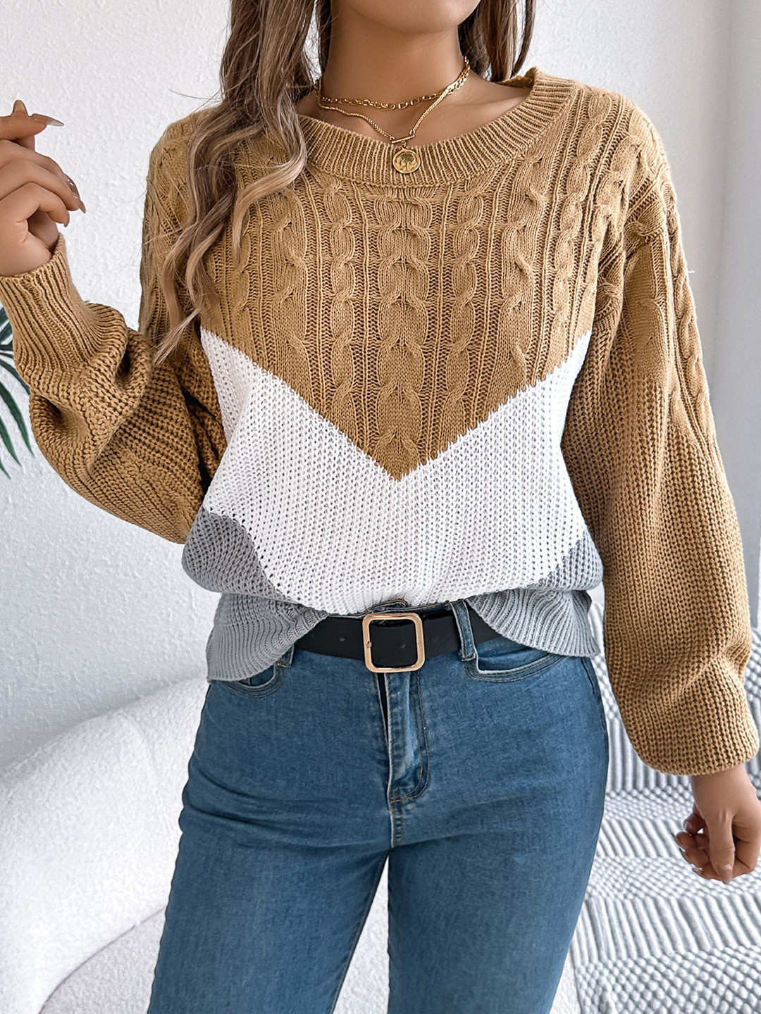 

StyleCast x Revolte Women Colourblocked Round Neck Pullover Sweater, Khaki