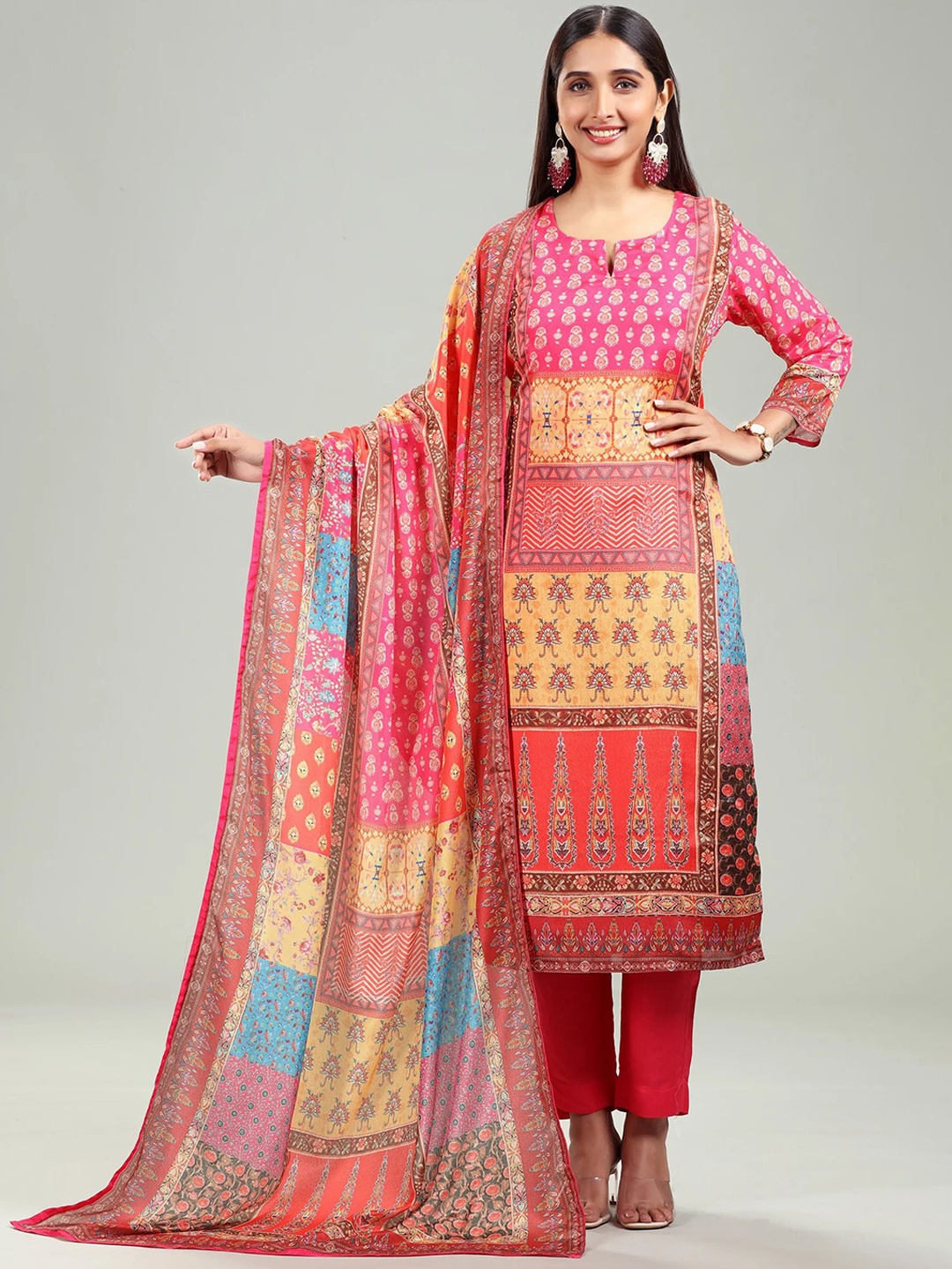 

COTTON CULTURE Floral Printed Pure Cotton A-Line Kurta With Trouser & Dupatta, Pink