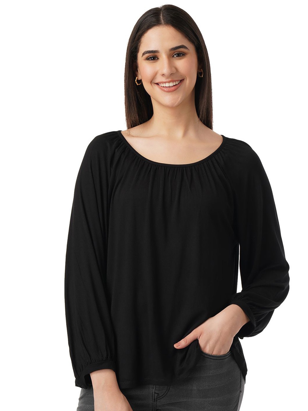 

FYLTR Long Sleeves Regular Fit Puff Sleeves Top, Black