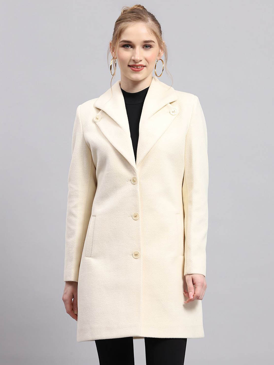 

Monte Carlo Women Notched Lapel Long Sleeves Overcoat, Cream