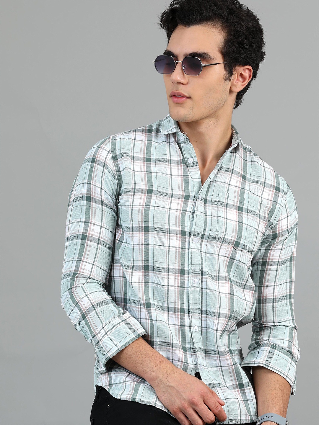 

HOUSE OF MAHNOTS Men Classic Spread Collar Tartan Checked Cotton Casual Shirt, Blue