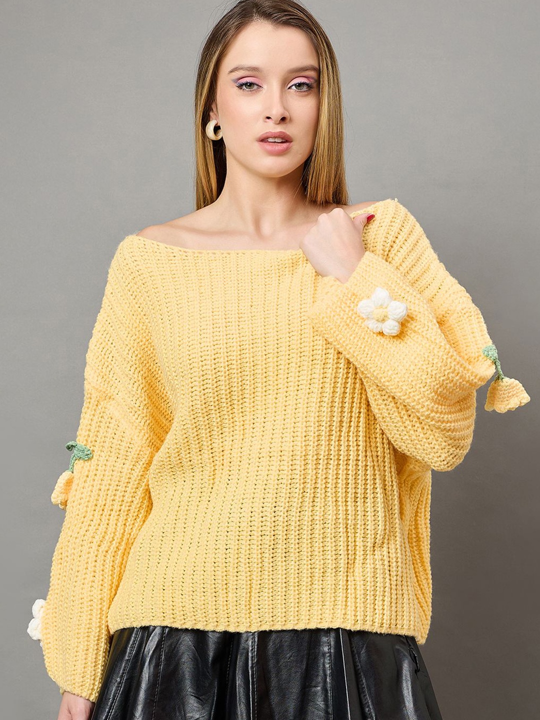 

KASMA Women Self Design Quirky Woollen Boat Neck Pullover Sweaters, Yellow