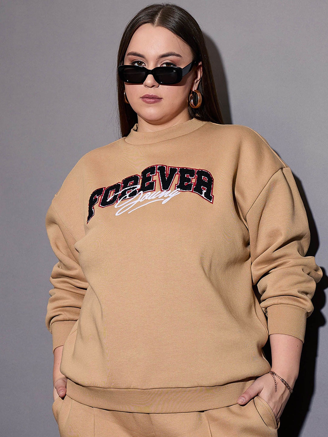 

SASSAFRAS Curve Women Cotton Plus Size Typography Embroidered Sweatshirt, Beige