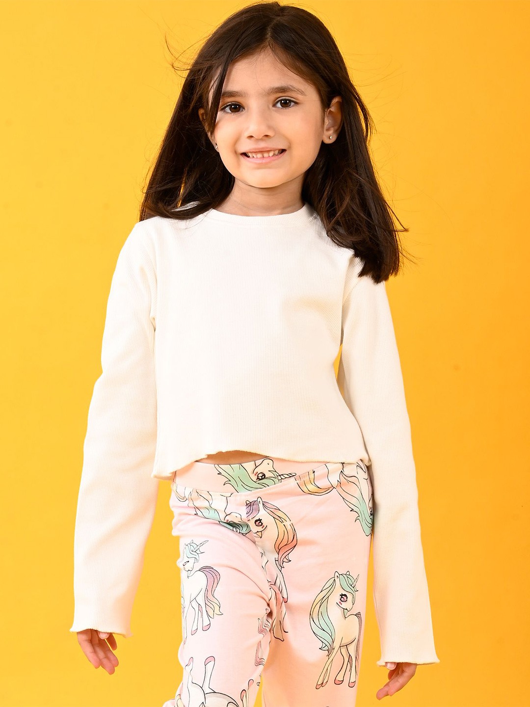 

Anthrilo Girls Solid Round Neck Cotton T-shirt, Cream