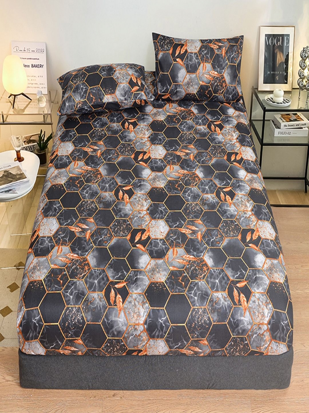 

JC HOME Grey & Orange Geometric 140 TC Single Bedsheet with 1 Pillow Covers