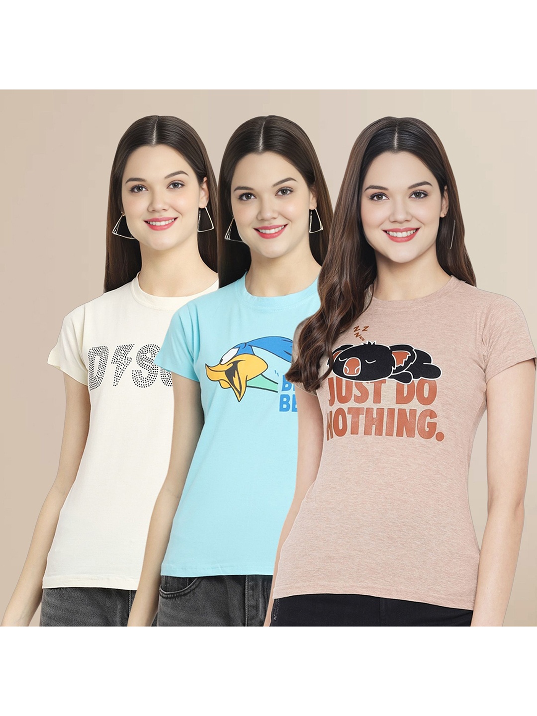 

Metronaut Women Pack Of 3 Typography Printed Round Neck Cotton Looney Tunes T-shirts, Off white