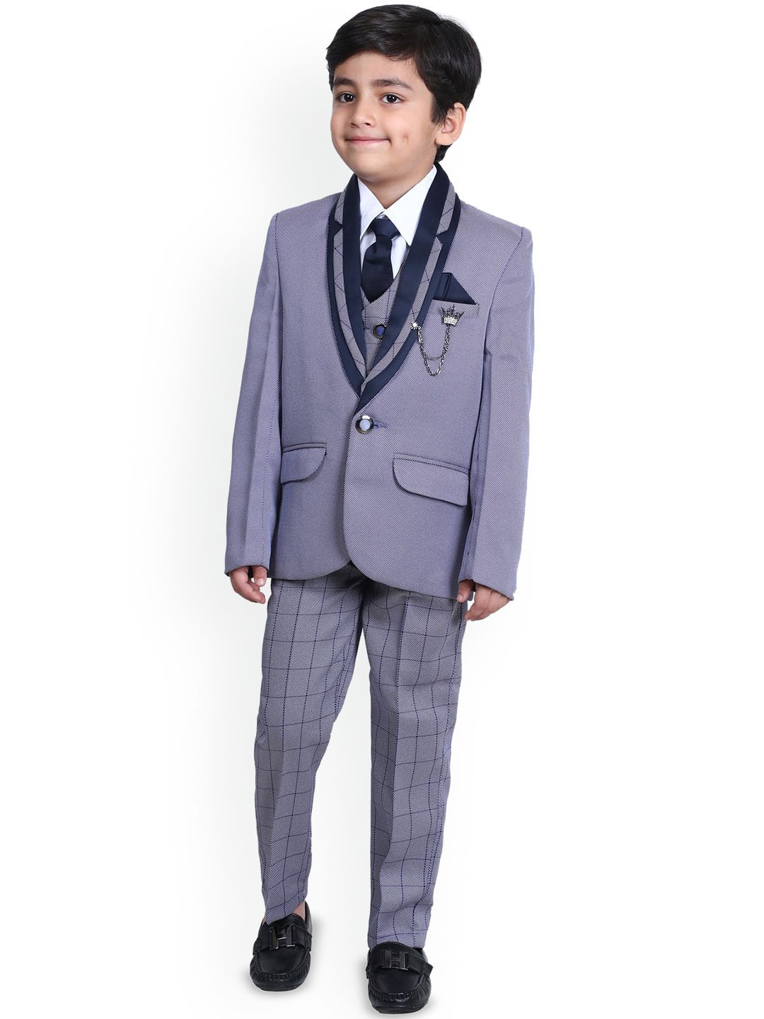 

BAESD Boys 5 Piece Checked Single-Breasted Regular Fit Suit, Navy blue