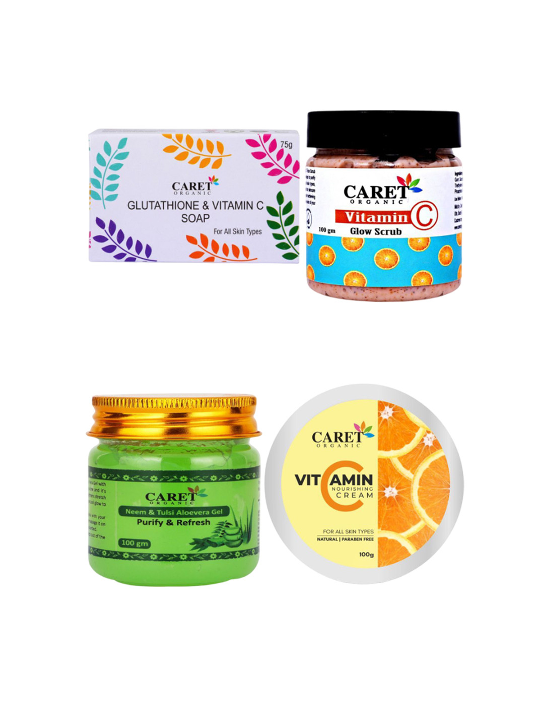 

CARET ORGANIC Set of 4 Glutathione Soap, Vitamin C Glow Scrub, Neem Gel & Vitamin C Cream, White