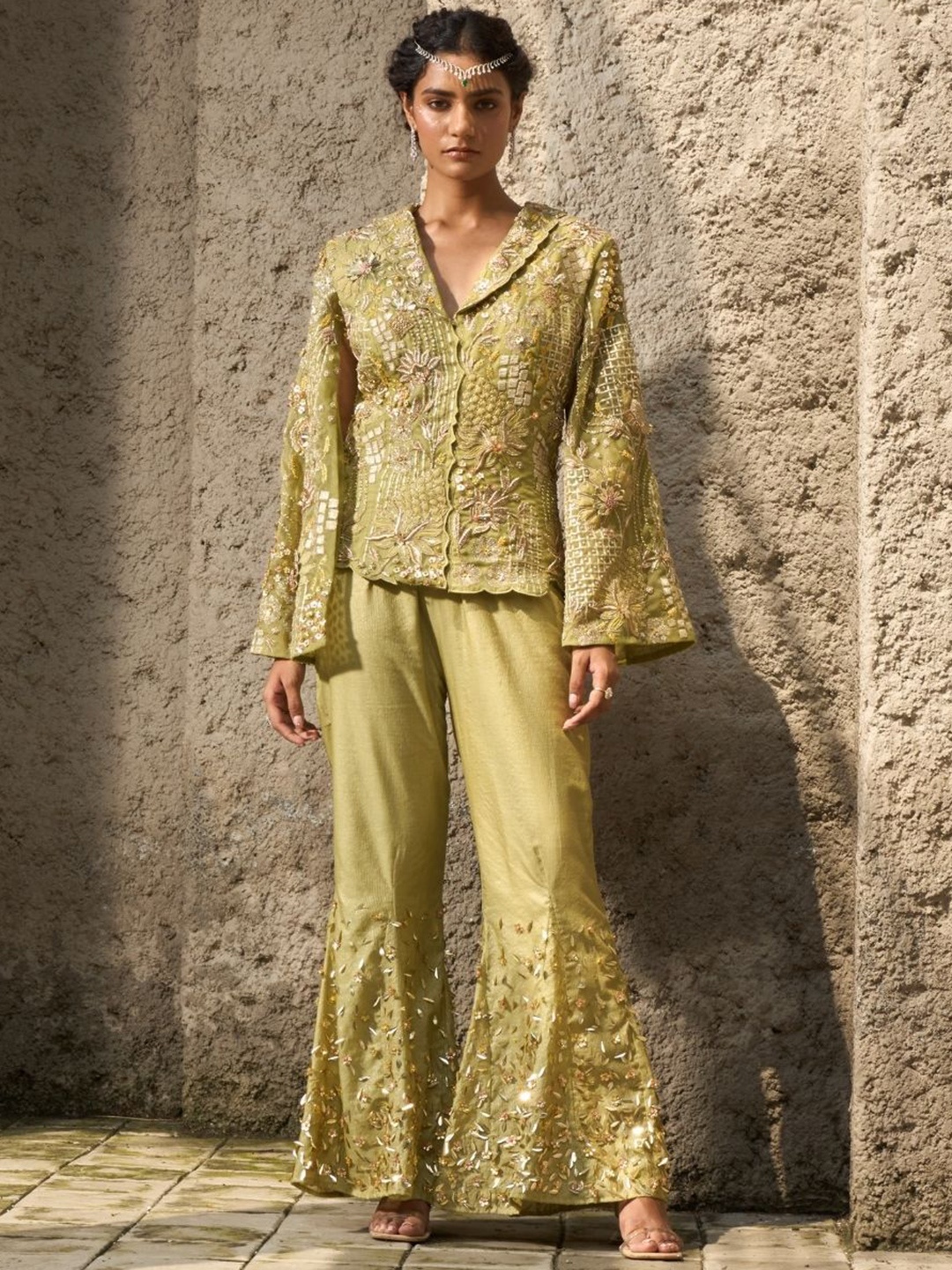 

Shreeka Floral Embroidered V-Neck Long Sleeves Top With Trouser, Green