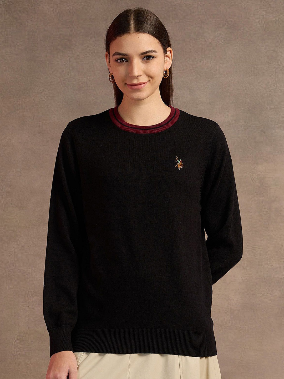 

U.S. Polo Assn. Women Round Neck Long Sleeves Pullover, Black