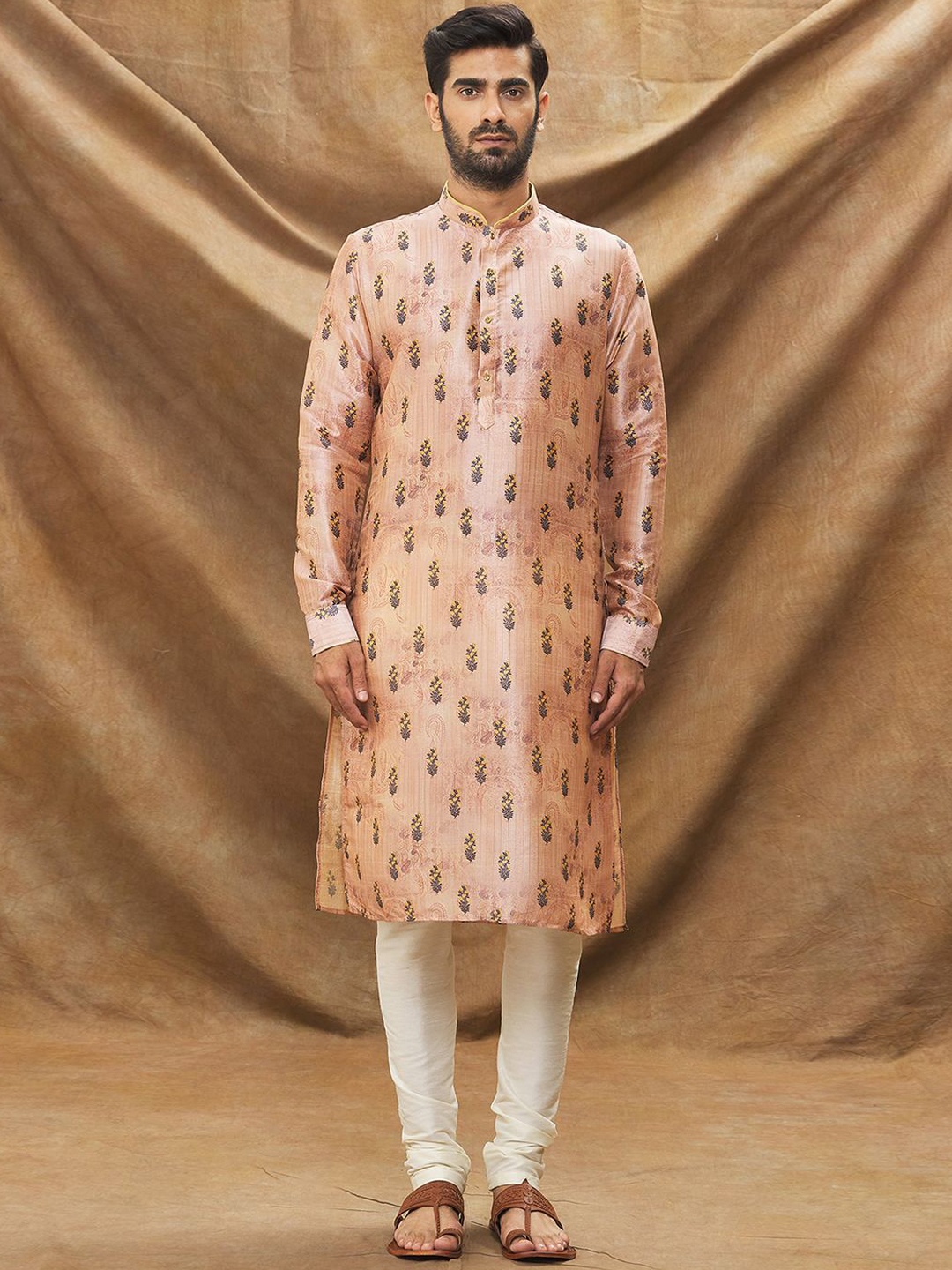 

Samyukta Singhania Floral Printed Mandarin Collar Straight Kurta with Churidar, Peach