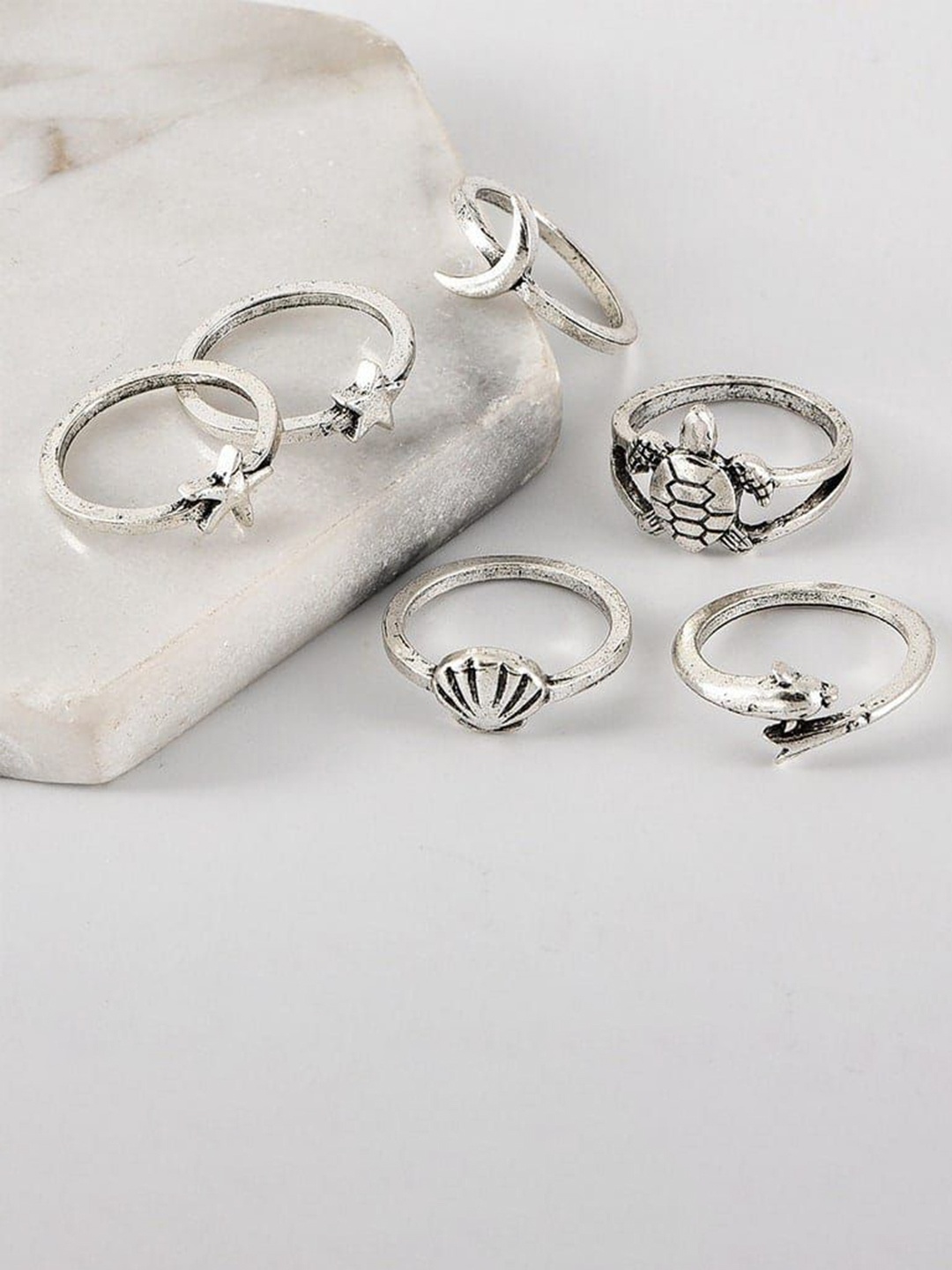 

YU FASHIONS Set Of 6 Silver-Plated Beach Dolphin Turtle Moon Star Starfish Finger Ring