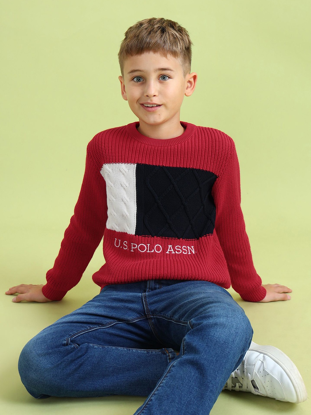 

U.S. Polo Assn. Kids Boys Brand Logo Printed Pullover Sweaters, Red