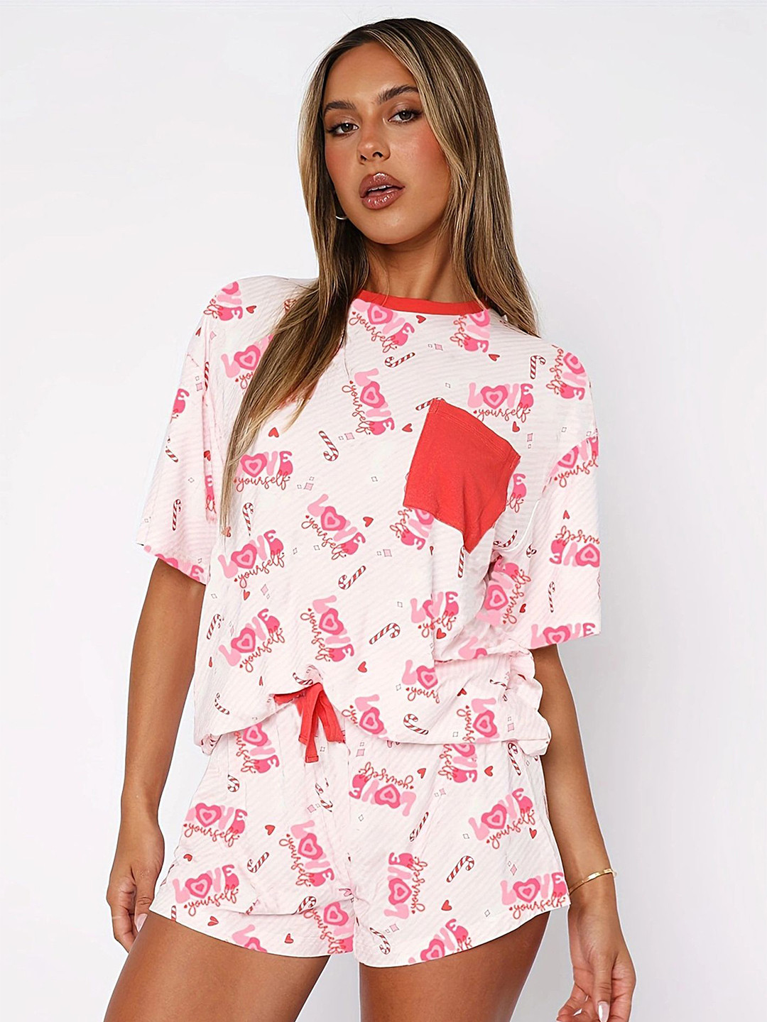 

LULU & SKY Printed Tshirt With Shorts Night Suits, White