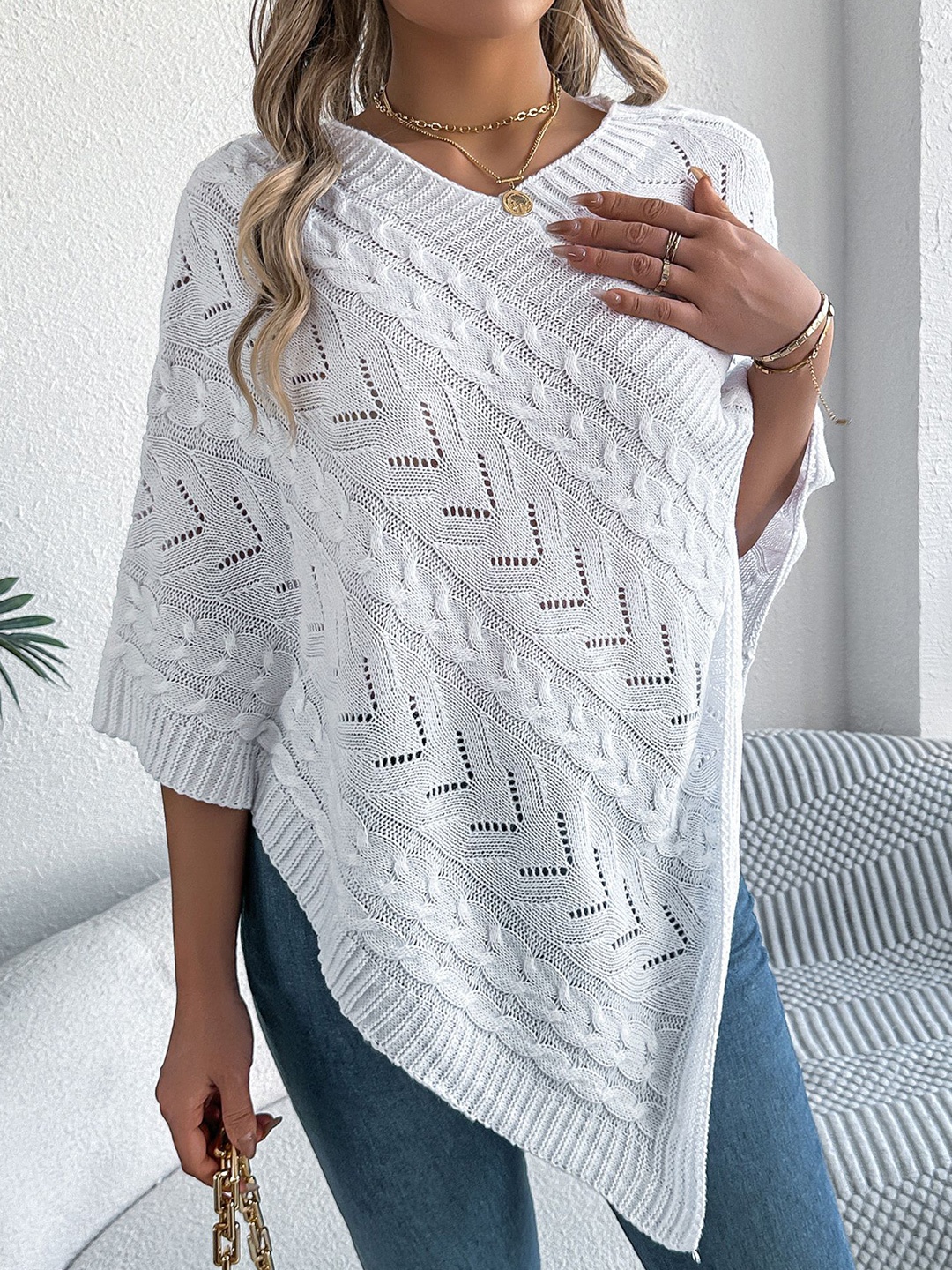 

StyleCast x Revolte Women Self Design Longline Poncho, White
