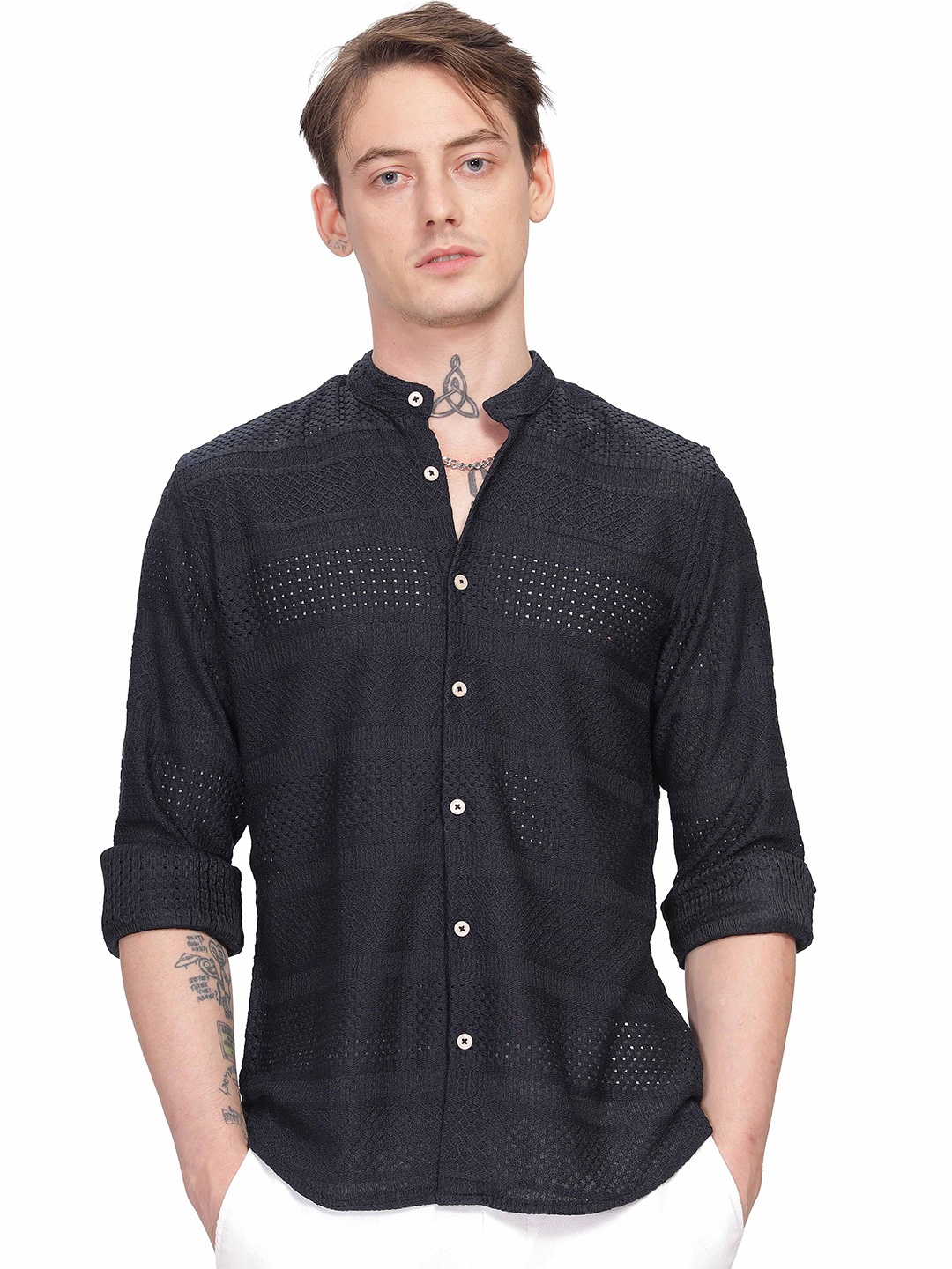 

ilyzly Men Standard Spread Collar Solid Cotton Casual Shirt, Navy blue