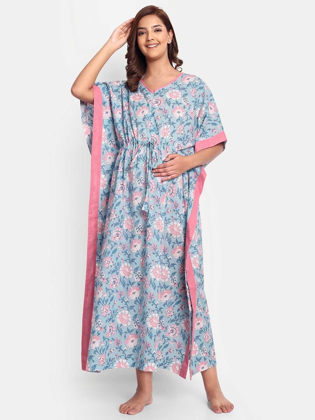 

THOTTIL Women Floral Printed Maternity Cotton Kaftan Maxi Dress, Blue