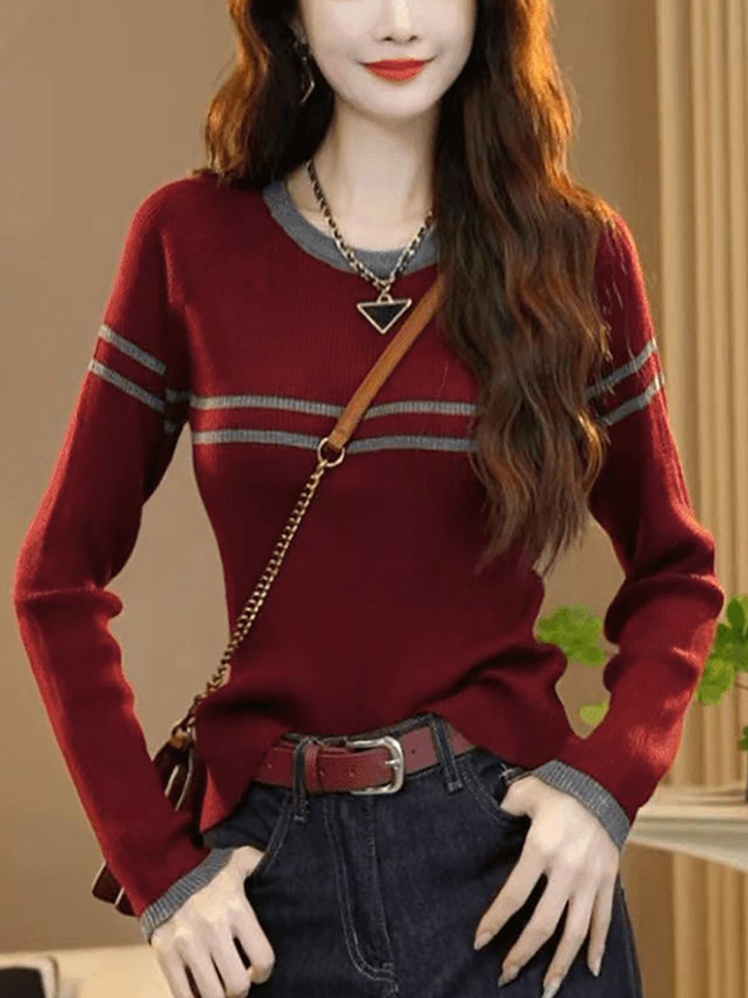 

StyleCast x Revolte Women Striped Round Neck Pullover, Red