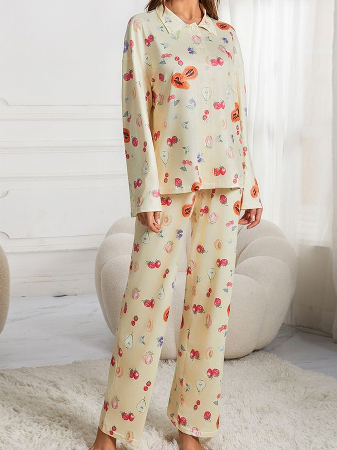 

LULU & SKY Women Graphic Printed Shirt Collar Long Sleeves Night Suits, Yellow