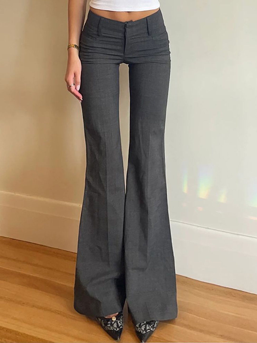 

StyleCast x Revolte Women Bootcut Mid-Rise Pleated Trousers, Grey
