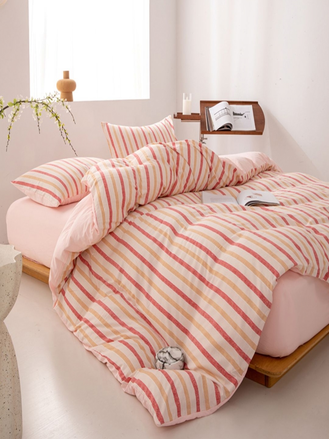 

JC HOME Pink & Cream-Coloured 3 Pieces Striped Double Queen Bedding Set