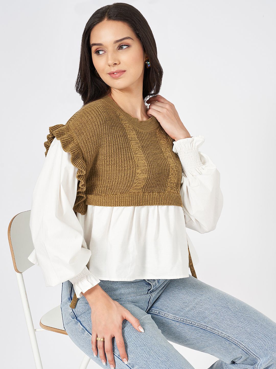 

People Women Self Design Print Puff Sleeve Top, Off white
