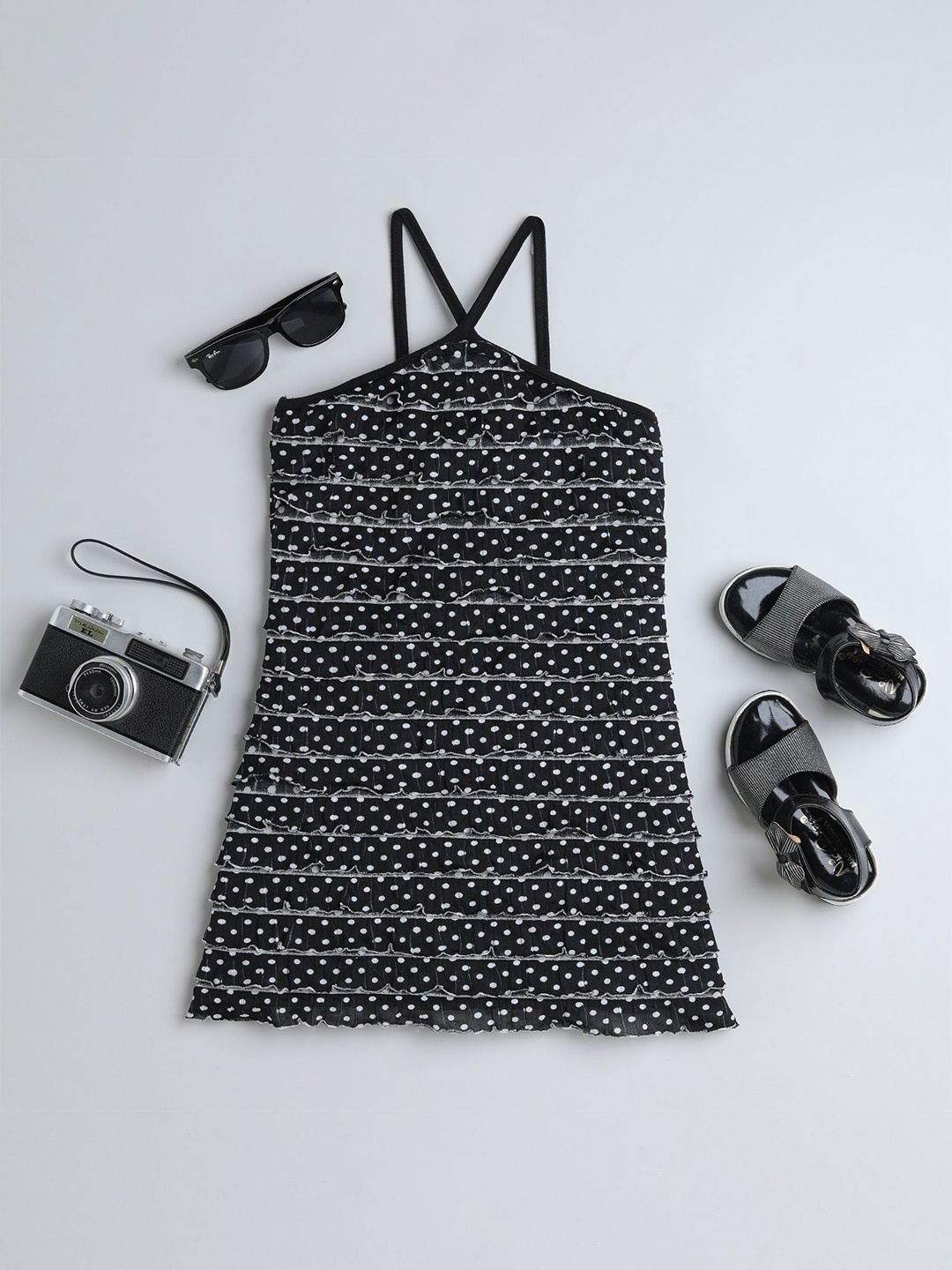 

taffykids Girls Polka Dot Printed Ruffled A-Line Dress, Black