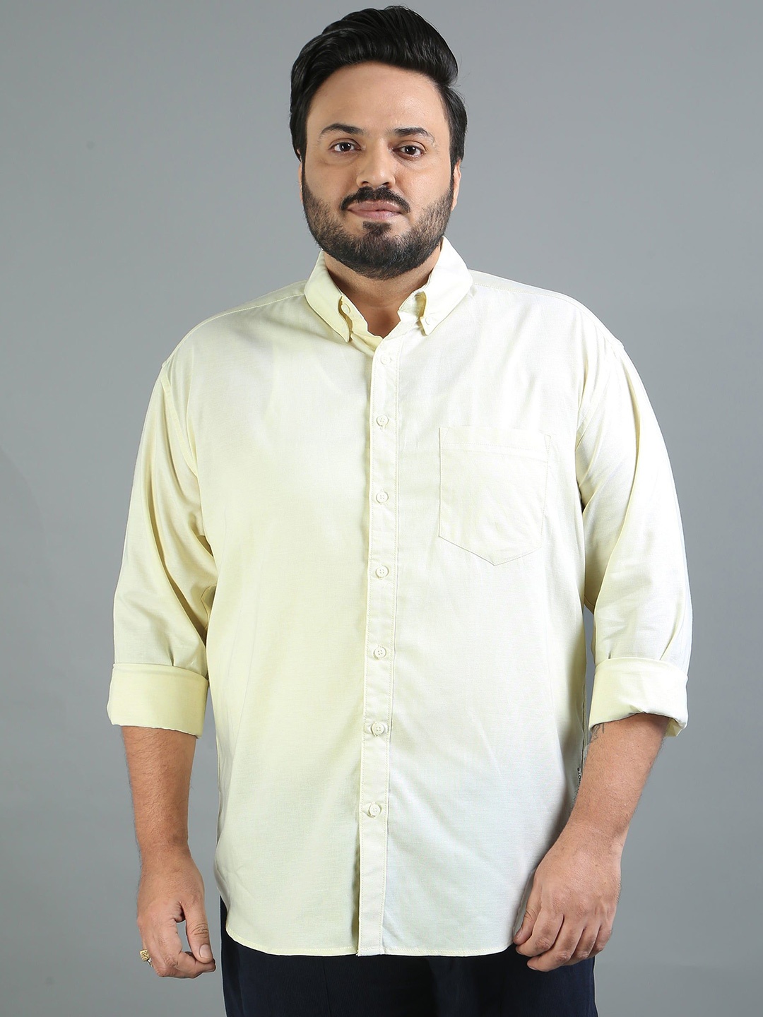 

HOUSE OF MAHNOTS Men Comfort Button-Down Collar Solid Cotton Casual Shirt, Yellow